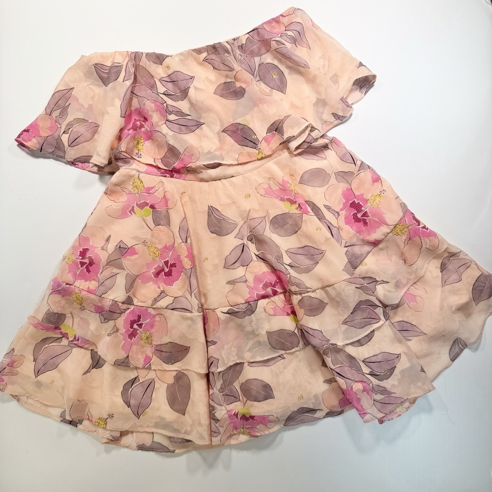 Lulu's Strapless Floral Print Dress XS Ruffles Romantic Peach Pink Lilac Easter‎